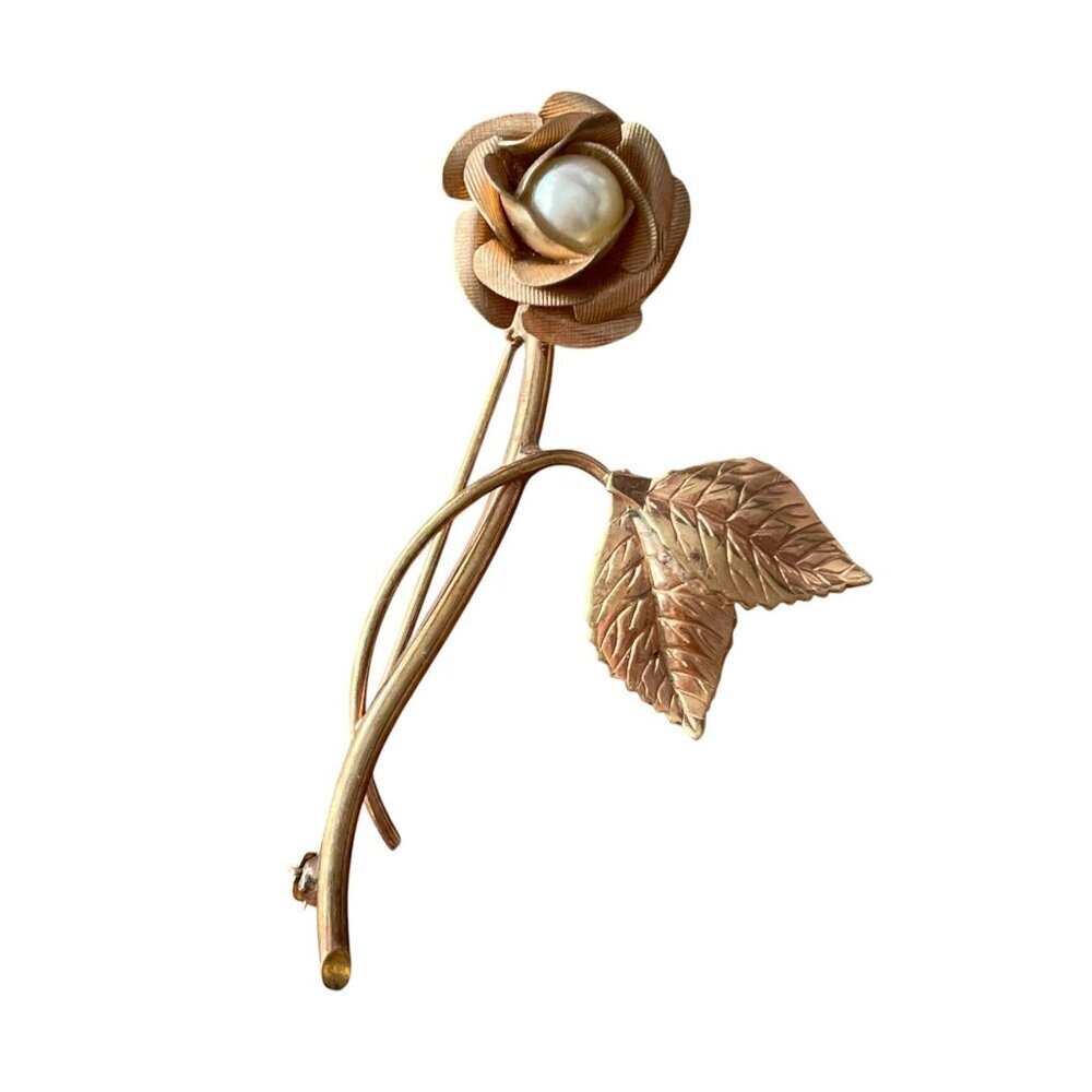 Vintage Winard 12K Gold Filled Rose Brooch Pin with Faux Pearl - Picture 6 of 6